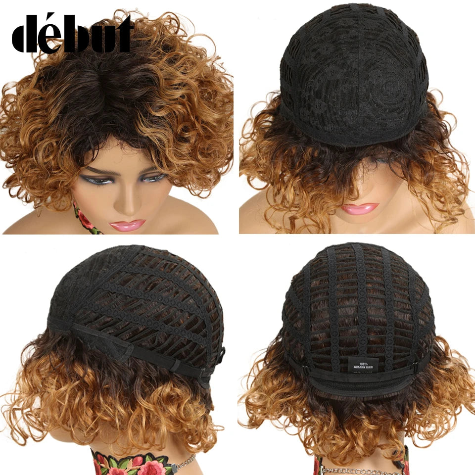 Ombre Short Curly Human Hair Wigs Remy Short Bob Wigs 100% Human Hair Cheap Pixie Cut Human Hair Full Wigs