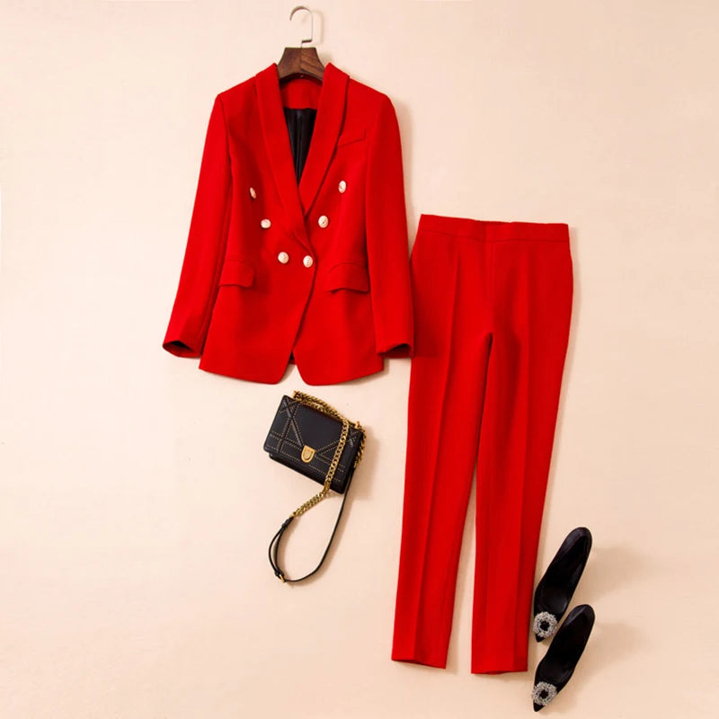 Designer Blazer Suit Set Women's Classic Shawl Collar Lion Buttons Double Breasted Blazer Pants Suit