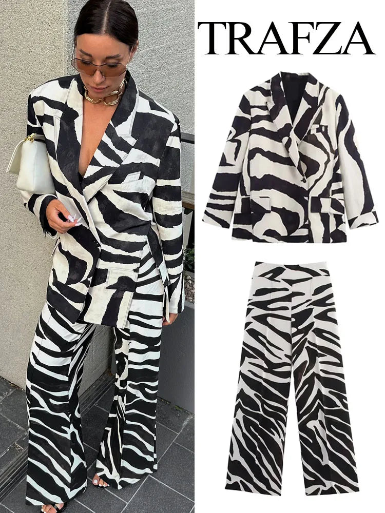 Women Zebra Stripes Suit  Pocket Single Deduction Decorate Turn-Down Collar Blazer Jacket+Zipper Casual Wide-Leg Pants