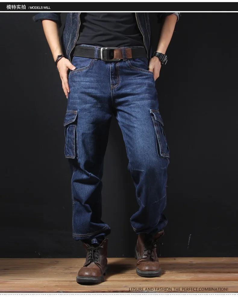 Men's Multi-Pocket Straight Cargo Jeans Loose Casual Jeans