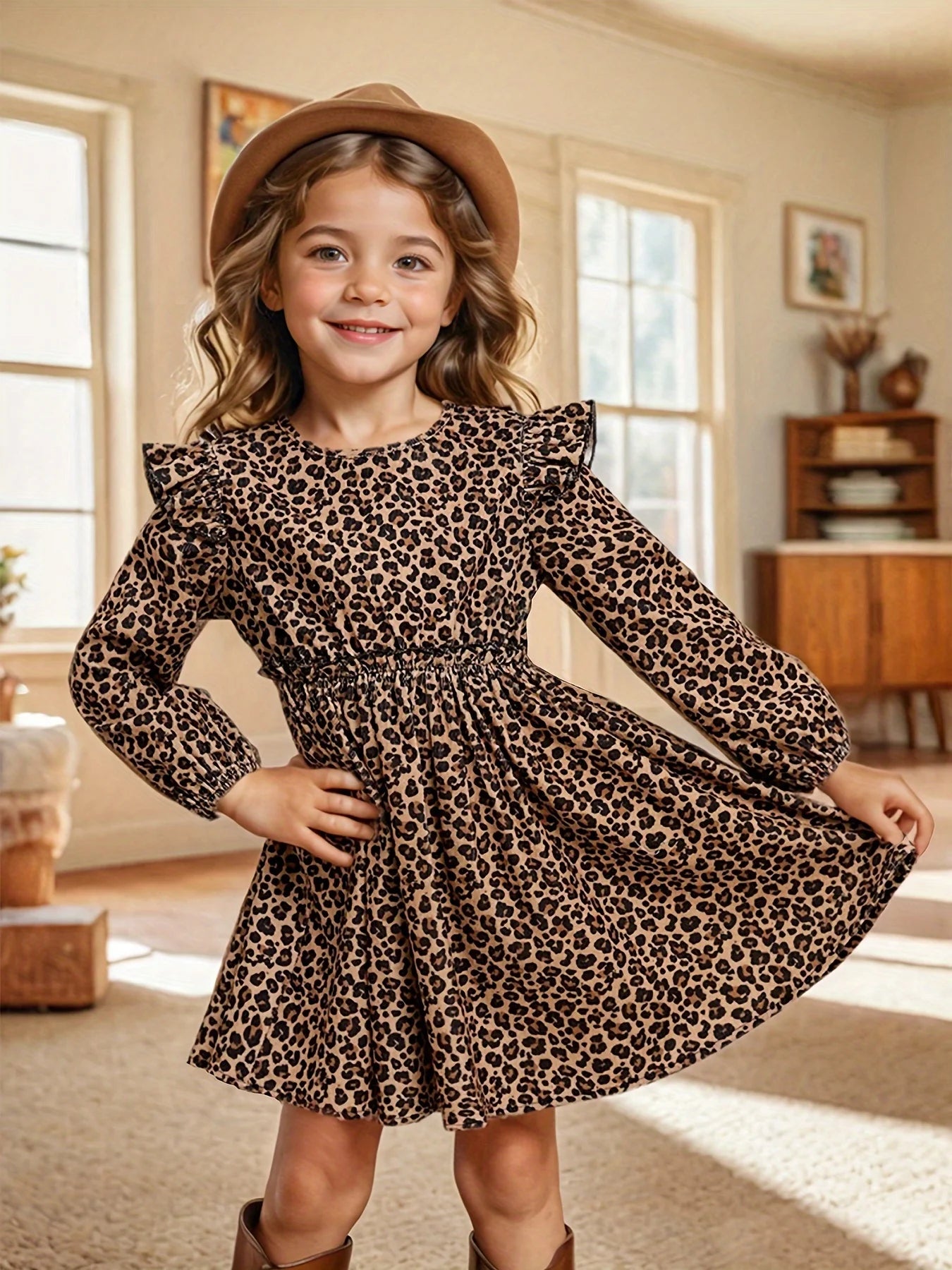 Girls Leopard Print Long-Sleeved Drop Collar Small Flying Sleeves Long-Sleeved Ruffled Simple Dress