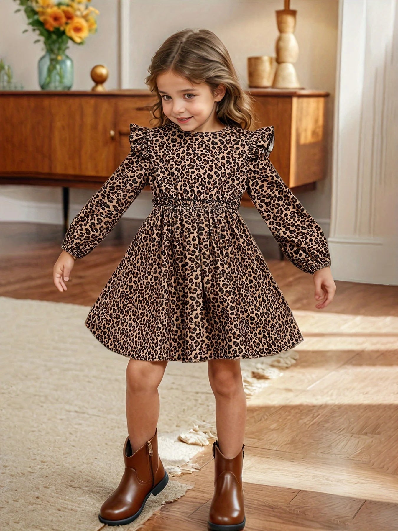 Girls Leopard Print Long-Sleeved Drop Collar Small Flying Sleeves Long-Sleeved Ruffled Simple Dress