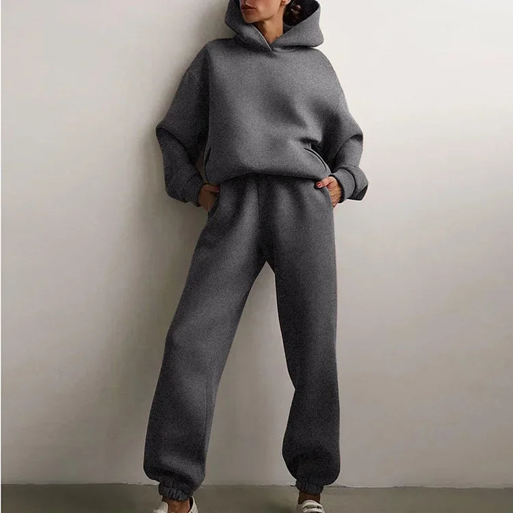 Women Tracksuit Set Solid Long Sleeve Sport Suits Autumn Winter Warm Hooded Sweatshirts And Jogger Pants  Two Piece Set