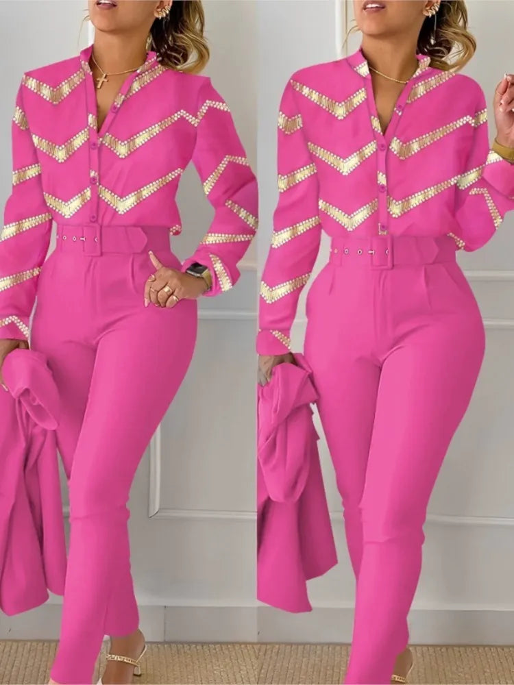 Stand Neck Floral Print Long Sleeve Shirt Pants Two Piece Sets Elegant Women Casual Shirt Trousers Suits With Belt