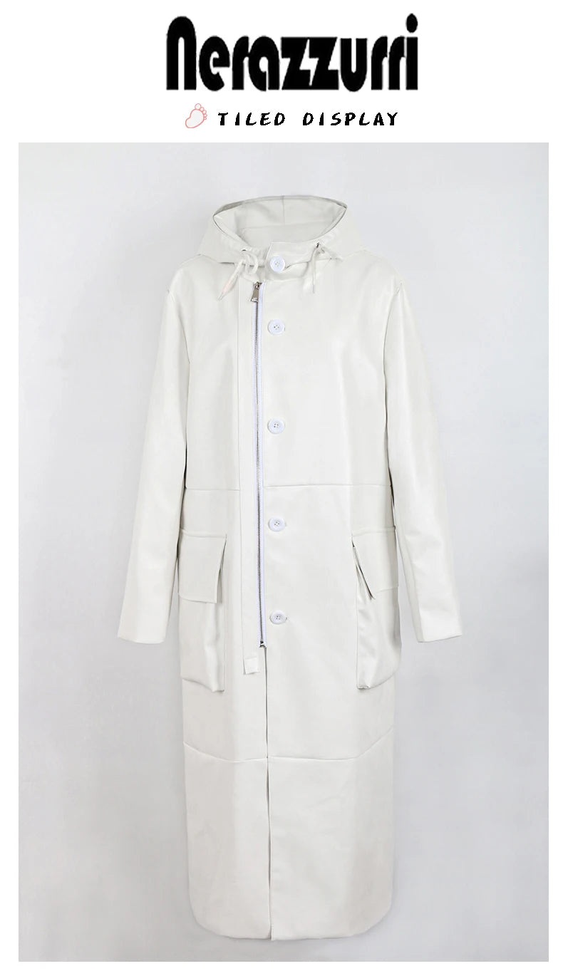 Spring Autumn Extra Long Black Loose Waterproof Windproof Soft Pu Leather Trench Coats Men with Hood Zip Up Overcoat