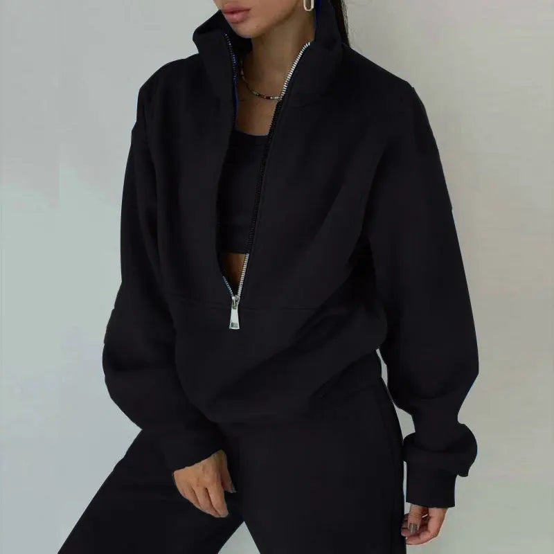 Sporty Sweatshirt Sets Two Pieces  Stand Collar Zip Long Sleeve Hoodie &High Elastic Sweat-pant Suits