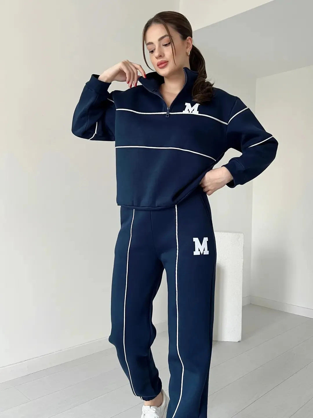 Fashion Letter Print Sweatshirt Set Casual Zipper Half Open Collar Long-sleeve Top + Sweatpants Two-piece Suit