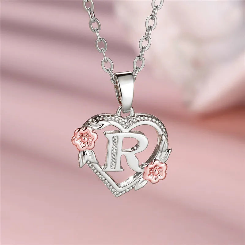 Cute Female A-Z Letter Flower Pendant Necklace Silver Color  Jewelry Gift For Women