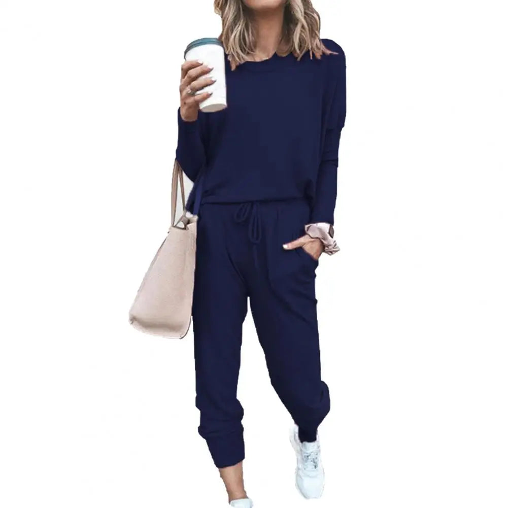 Drawstring Elastic Waist Sweatpants Set Fashion Sporty Casual Pullover Tops Pants Set Lady Tracksuit Set