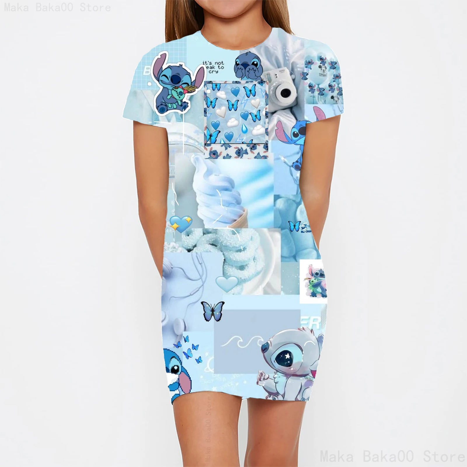 Stitch round neck short-sleeved skirt girls cartoon print tights clothes