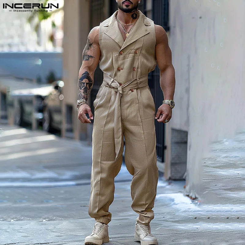 Men Jumpsuits Solid Color Double Breasted Lapel Sleeveless Lace Up Male Rompers Fashion Casual Overalls S-5XL