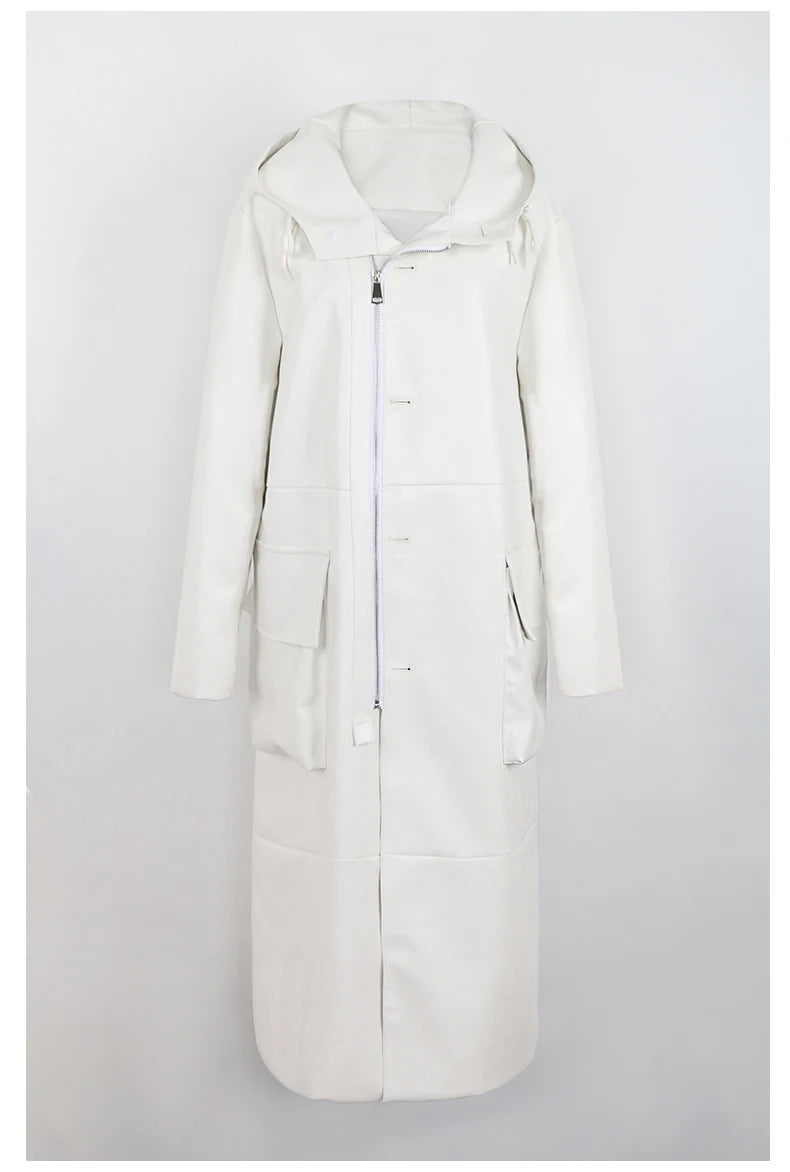 Spring Autumn Extra Long Black Loose Waterproof Windproof Soft Pu Leather Trench Coats Men with Hood Zip Up Overcoat