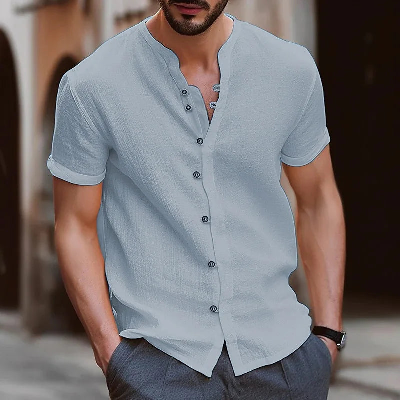 High quality fashion men's collarless short sleeve Polo shirt men's beach style casual collarless T-shirt garment top