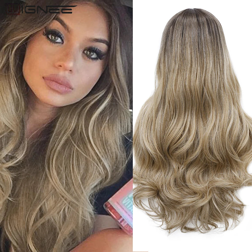Light Blue Wig Synthetic Ombre Long Wavy Body Wave Side Part Heat Resistant Natural Hair Wigs