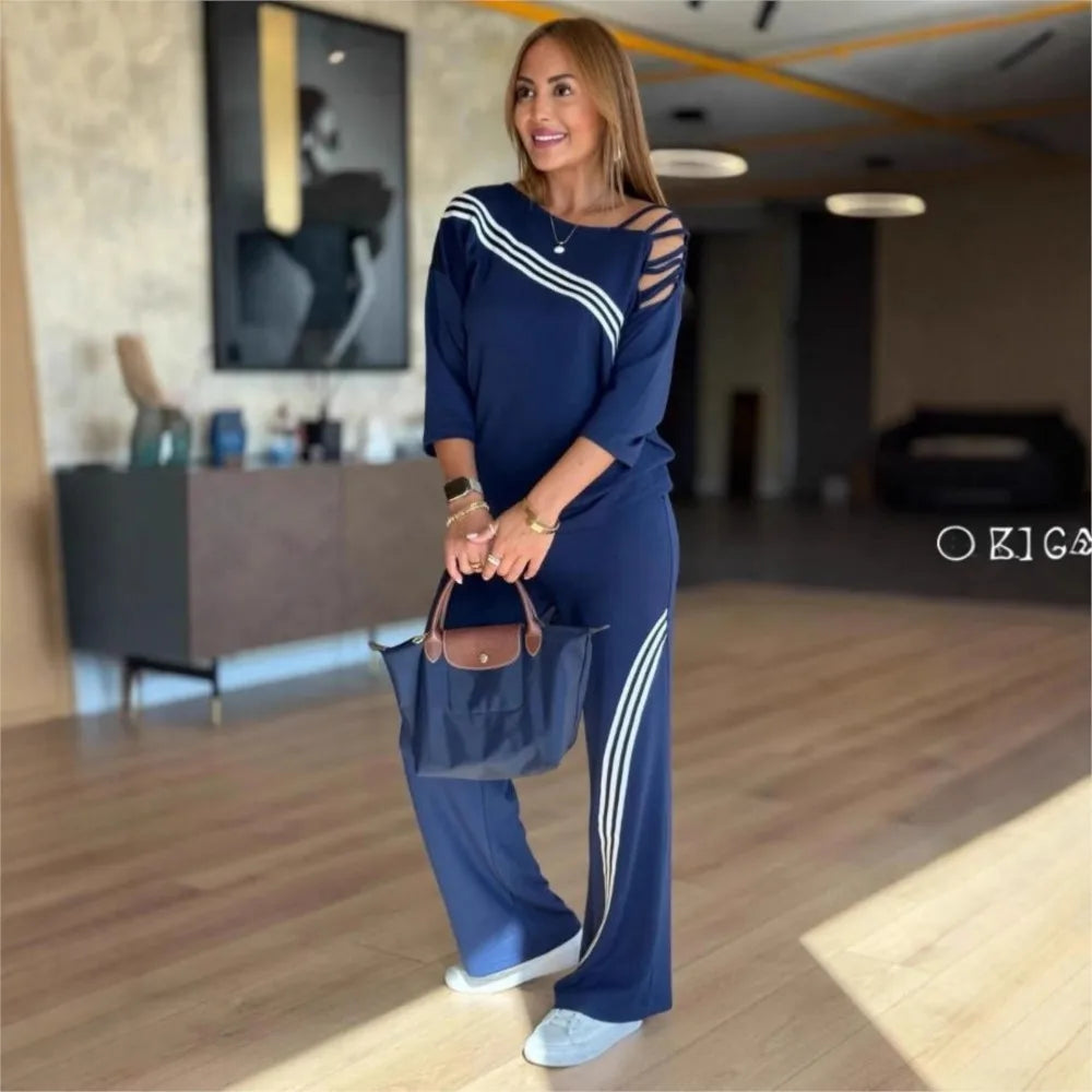 Fashion Printed Striped Cutout 7-inch Sleeve T-shirt Women Long Pants 2piece Set Autumn Casual Loose Sport Long Pants Set