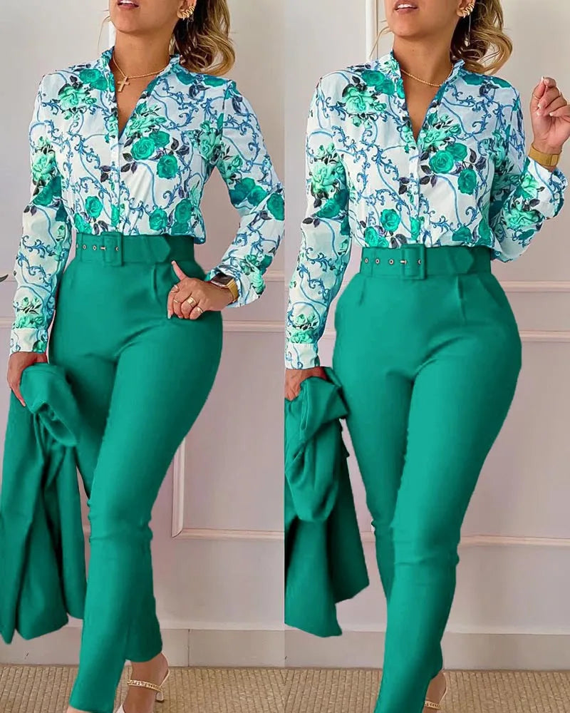 Stand Neck Floral Print Long Sleeve Shirt Pants Two Piece Sets Elegant Women Casual Shirt Trousers Suits With Belt