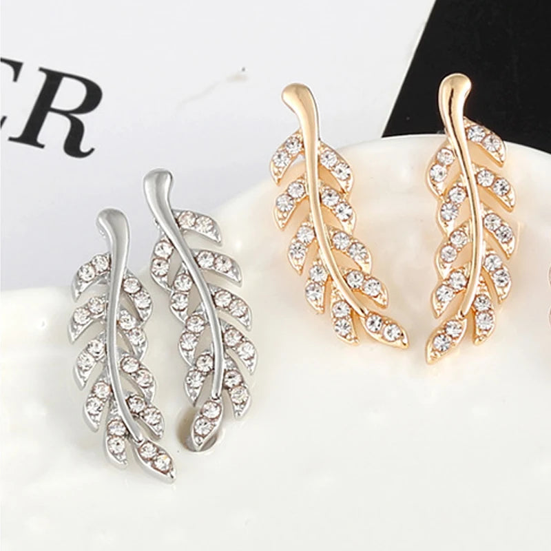 Hollow Out Leaves Earrings Trendy Vintage Crystal Ear Stud Wheat Unique Design Silver Golden Color Jewelry Gift