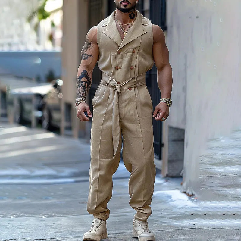 Men Jumpsuits Solid Color Double Breasted Lapel Sleeveless Lace Up Male Rompers Fashion Casual Overalls S-5XL