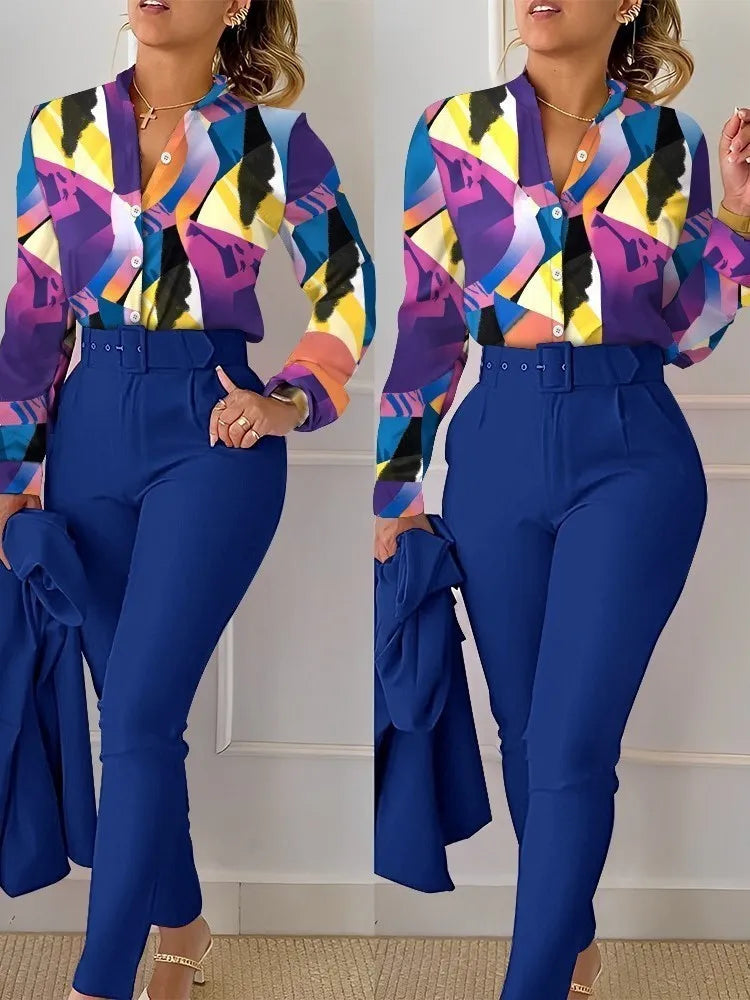 Stand Neck Floral Print Long Sleeve Shirt Pants Two Piece Sets Elegant Women Casual Shirt Trousers Suits With Belt