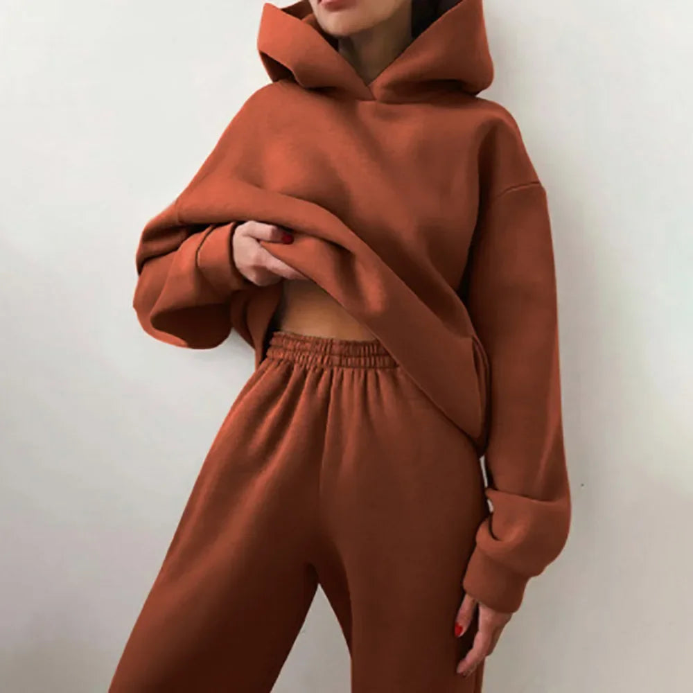 Women Tracksuit Set Solid Long Sleeve Sport Suits Autumn Winter Warm Hooded Sweatshirts And Jogger Pants  Two Piece Set