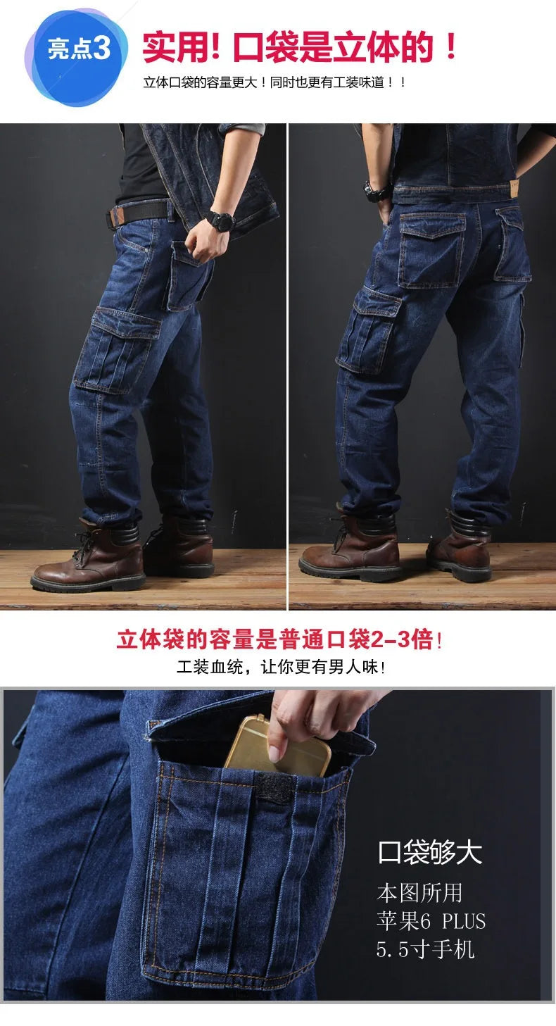 Men's Multi-Pocket Straight Cargo Jeans Loose Casual Jeans