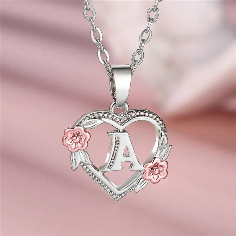 Cute Female A-Z Letter Flower Pendant Necklace Silver Color  Jewelry Gift For Women