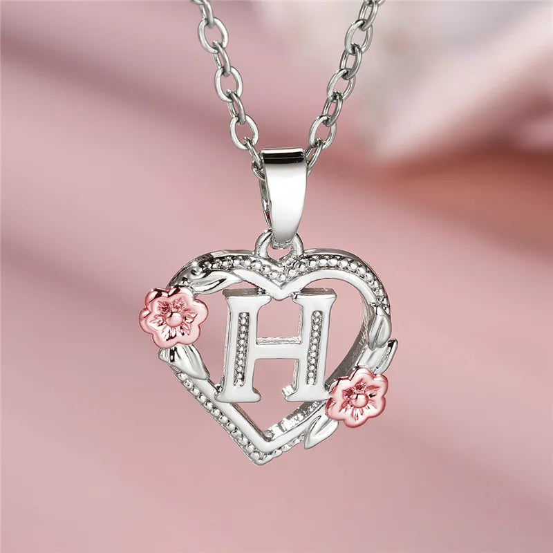 Cute Female A-Z Letter Flower Pendant Necklace Silver Color  Jewelry Gift For Women