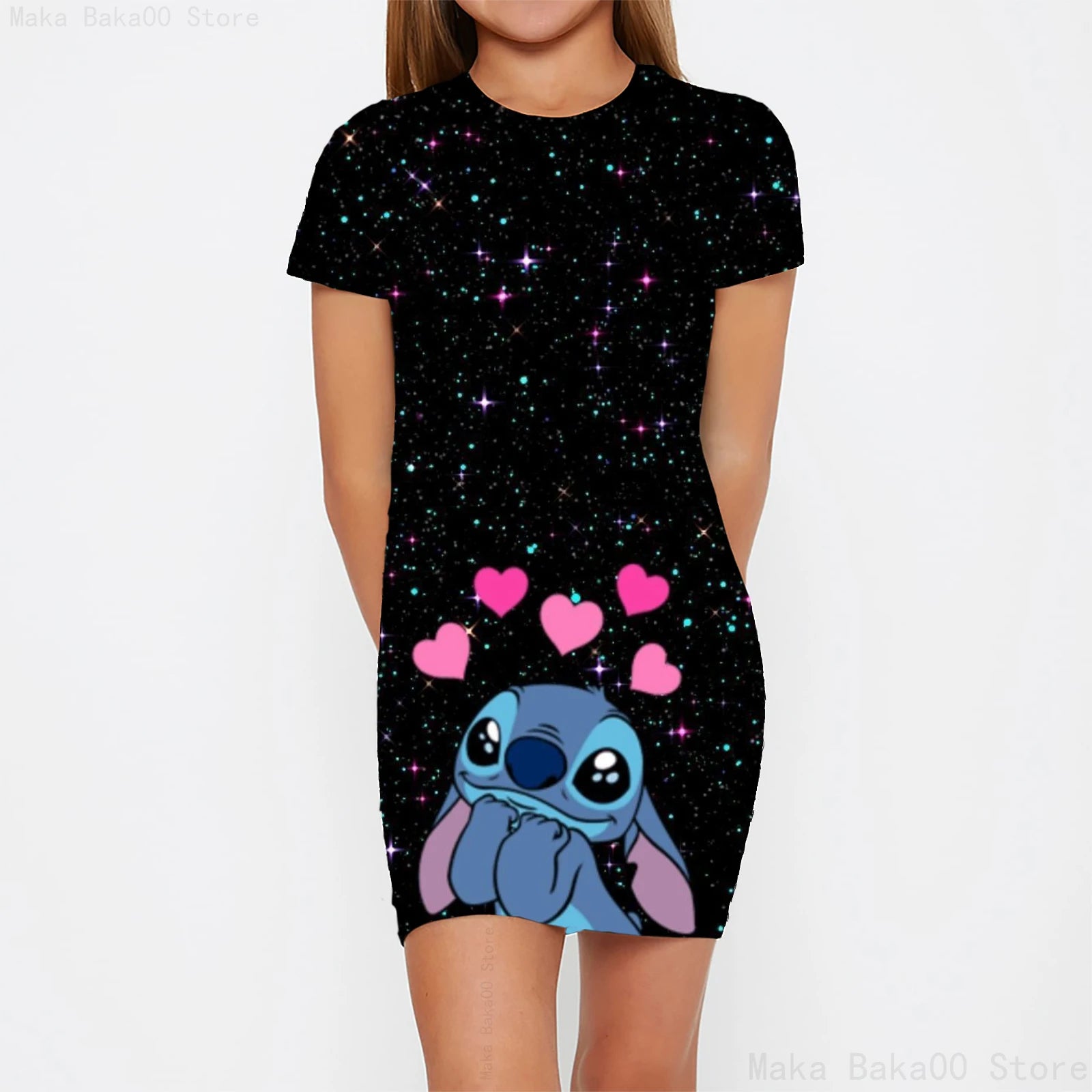 Stitch round neck short-sleeved skirt girls cartoon print tights clothes