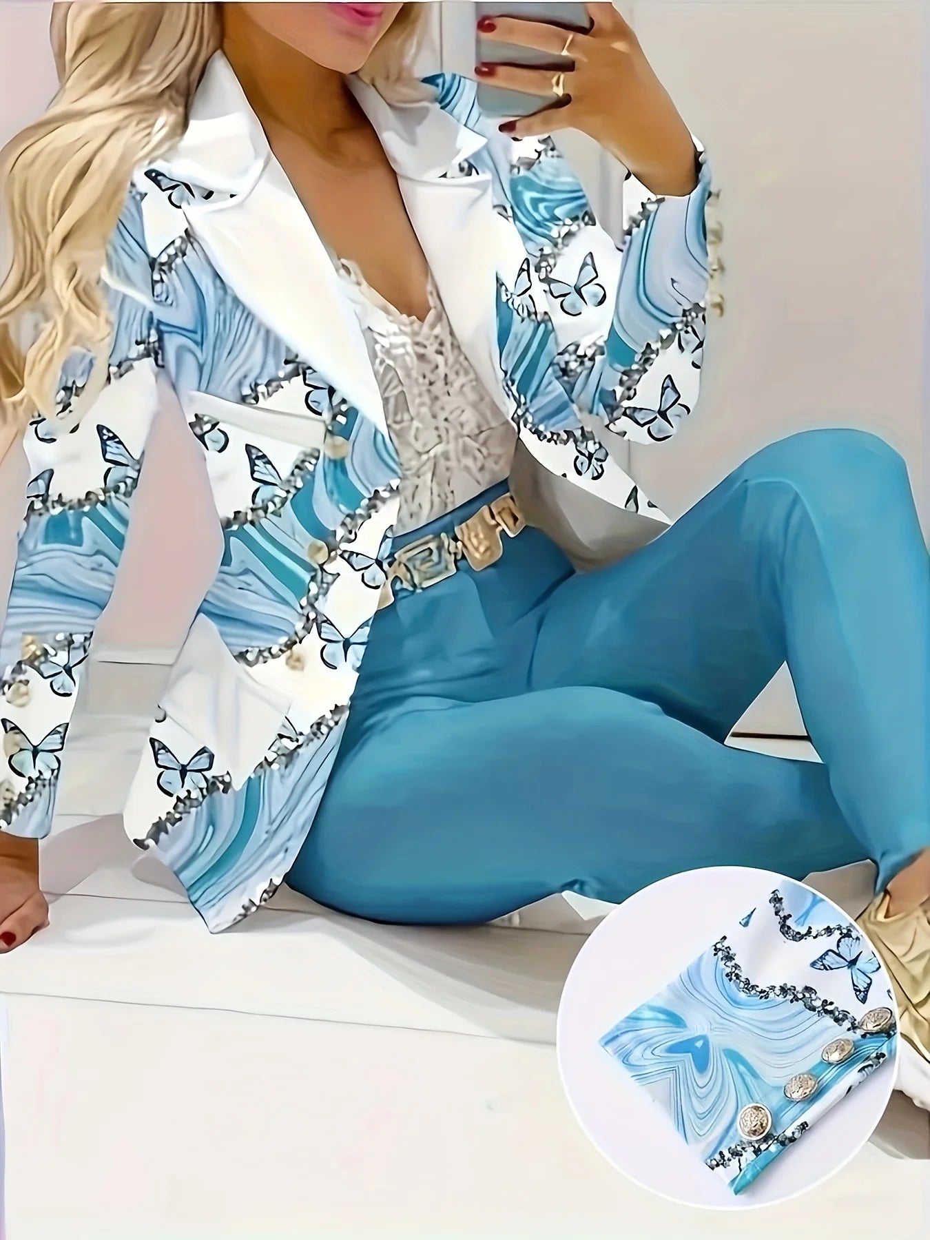 Ladies' Elegant Butterfly Print Two-Piece Suit, Long Sleeved Lapel Suit Jacket and Slim Fit Pants, Suitable for Office and Work