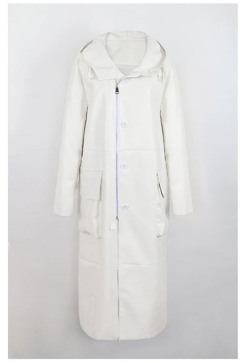 Spring Autumn Extra Long Black Loose Waterproof Windproof Soft Pu Leather Trench Coats Men with Hood Zip Up Overcoat