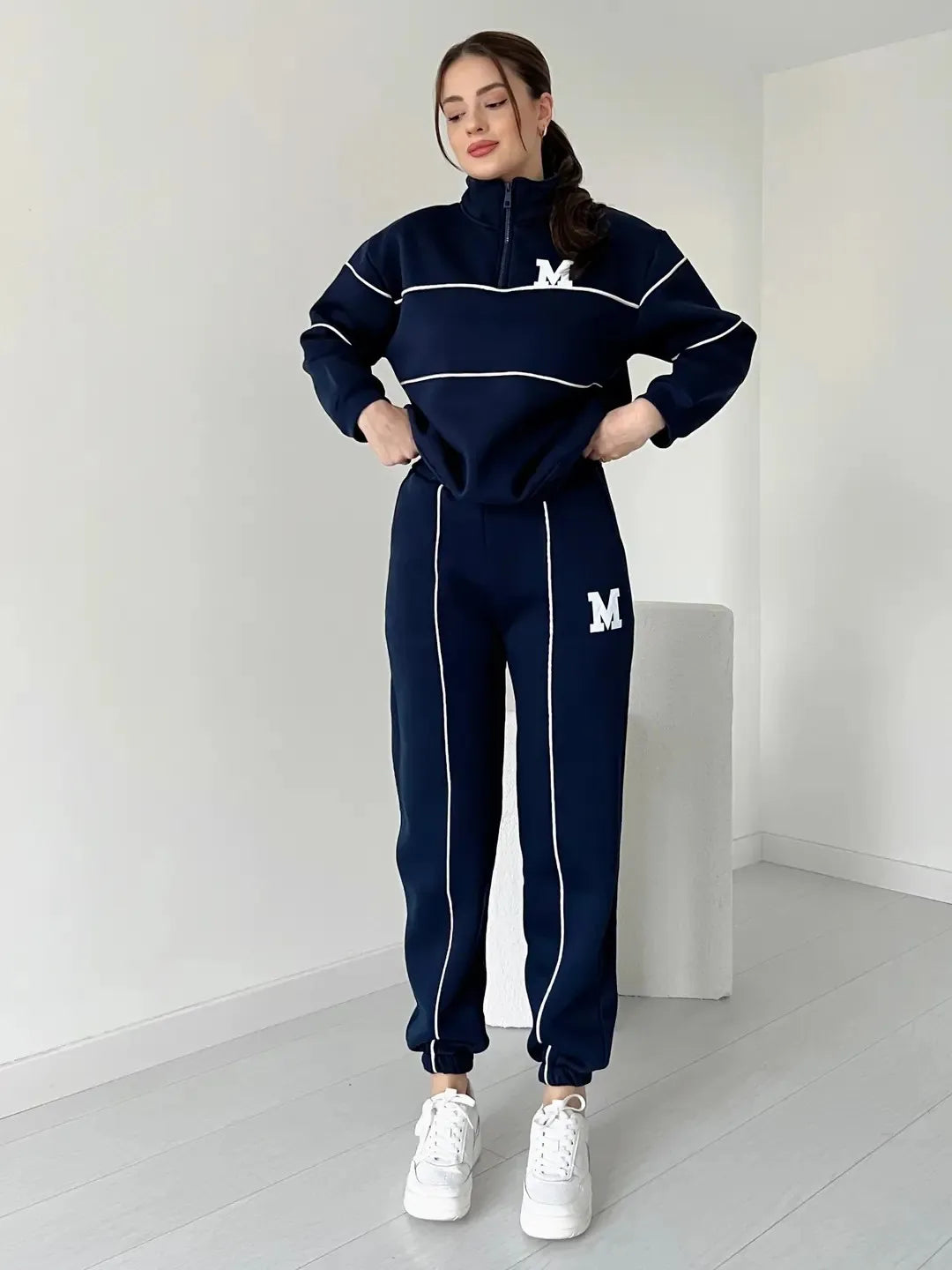 Fashion Letter Print Sweatshirt Set Casual Zipper Half Open Collar Long-sleeve Top + Sweatpants Two-piece Suit