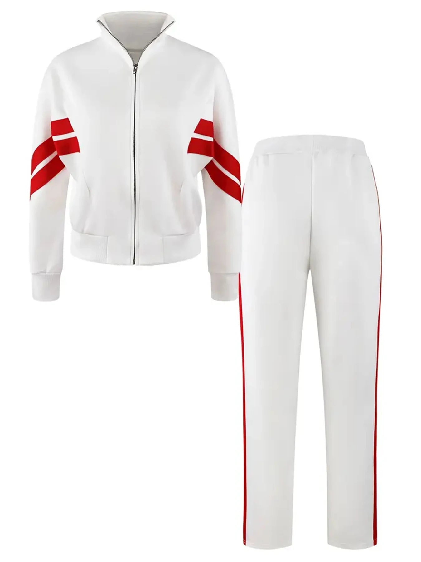 Red Striped Sports Set Two-Piece Set, Long-Sleeved Stand-Up Collar Jacket and Mid-Waist Drawstring Straight-Leg Pants