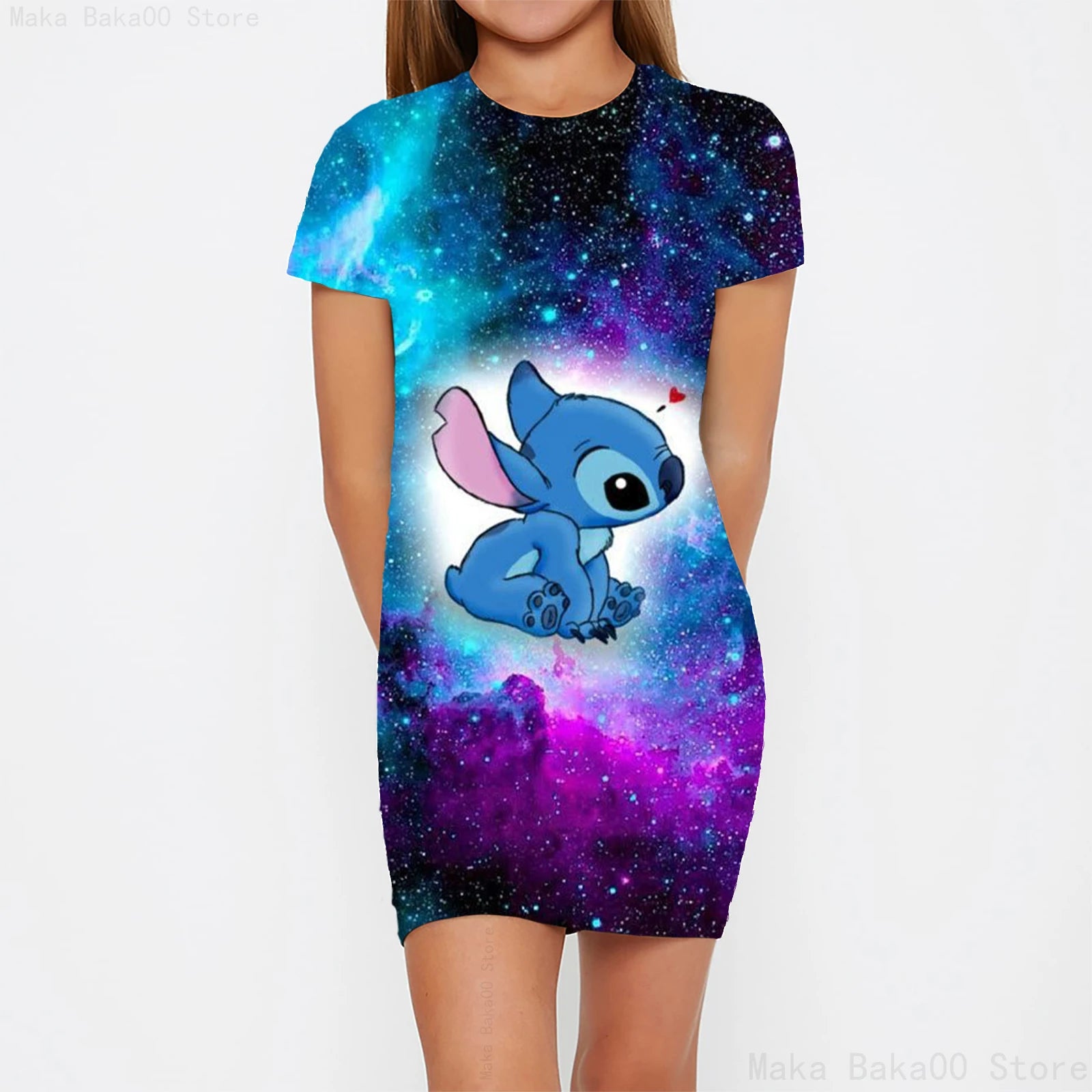 Stitch round neck short-sleeved skirt girls cartoon print tights clothes