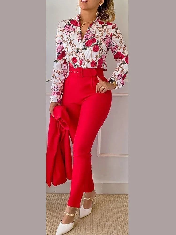 Stand Neck Floral Print Long Sleeve Shirt Pants Two Piece Sets Elegant Women Casual Shirt Trousers Suits With Belt