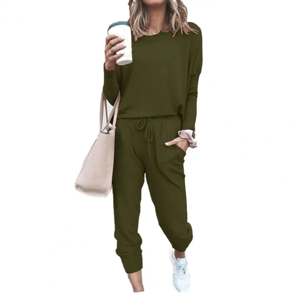 Drawstring Elastic Waist Sweatpants Set Fashion Sporty Casual Pullover Tops Pants Set Lady Tracksuit Set