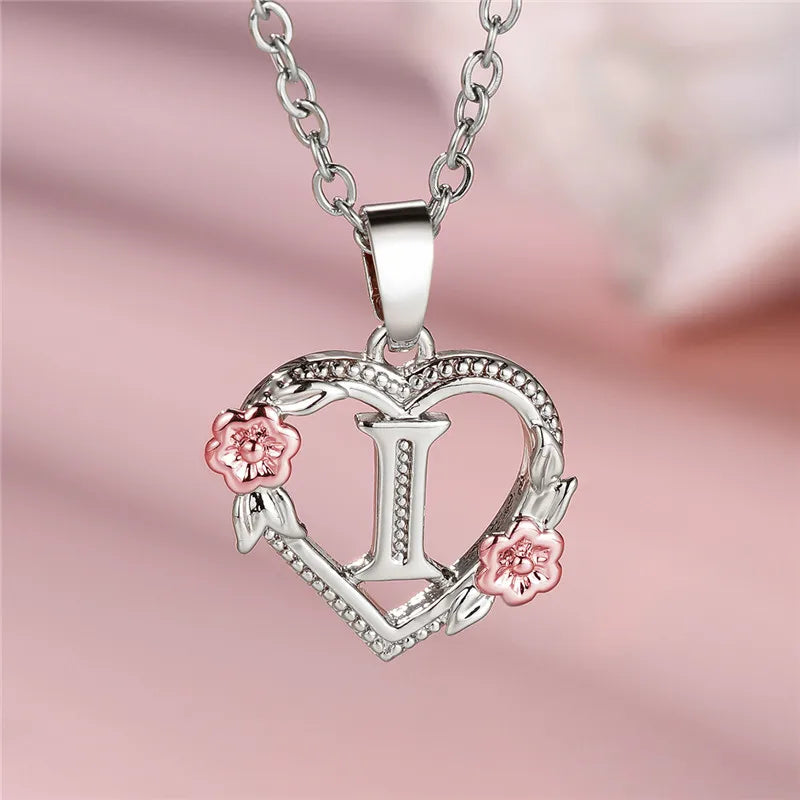 Cute Female A-Z Letter Flower Pendant Necklace Silver Color  Jewelry Gift For Women