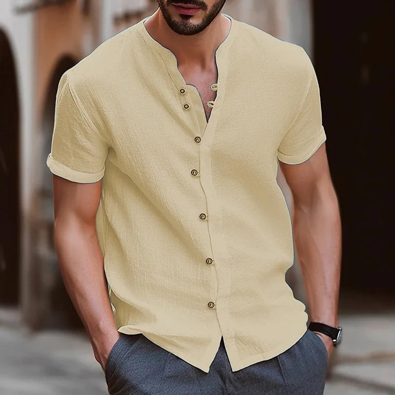High quality fashion men's collarless short sleeve Polo shirt men's beach style casual collarless T-shirt garment top
