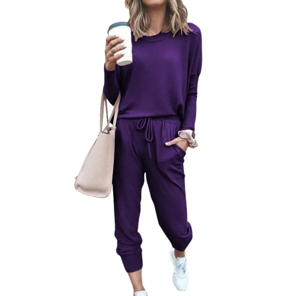 Drawstring Elastic Waist Sweatpants Set Fashion Sporty Casual Pullover Tops Pants Set Lady Tracksuit Set