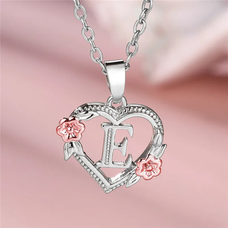 Cute Female A-Z Letter Flower Pendant Necklace Silver Color  Jewelry Gift For Women
