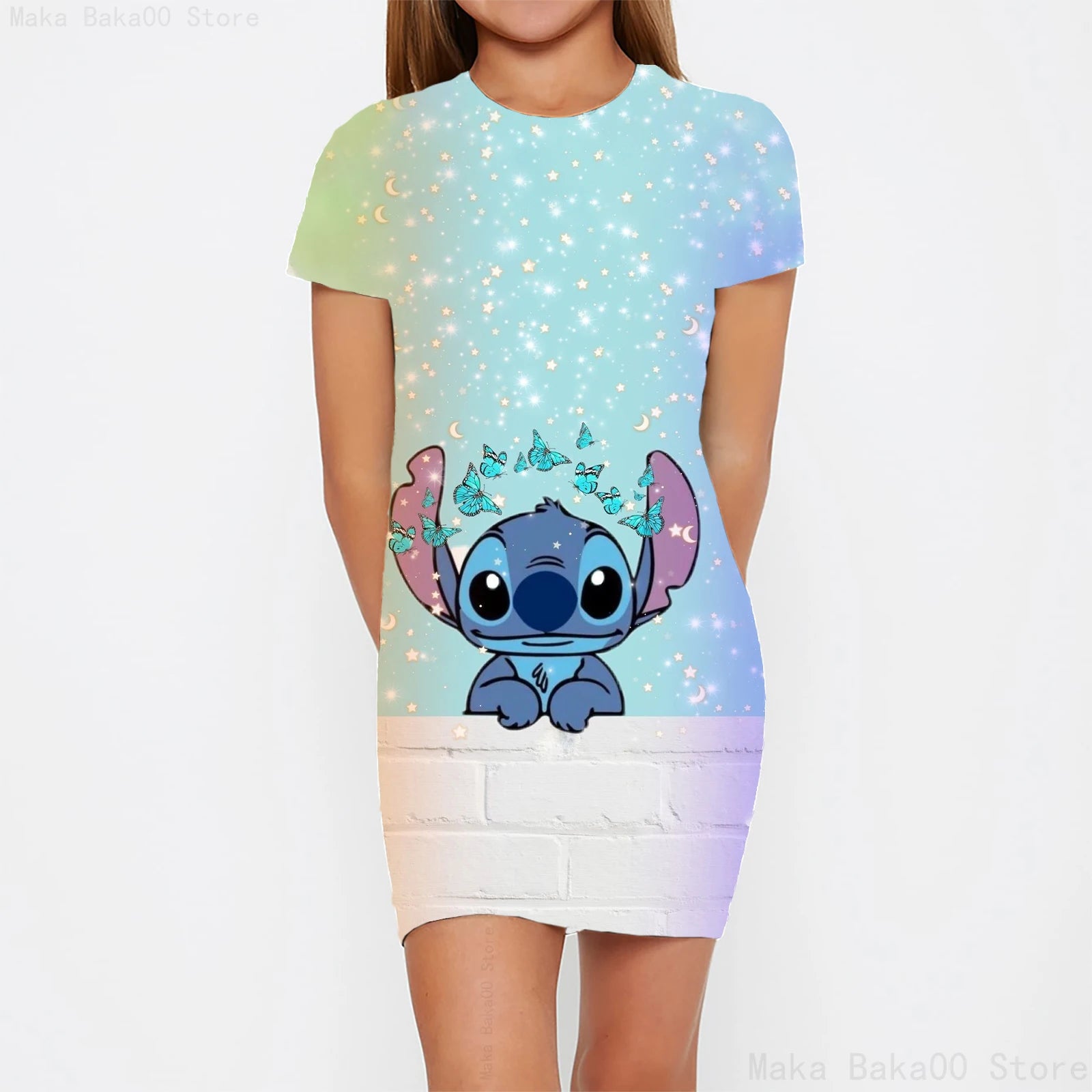 Stitch round neck short-sleeved skirt girls cartoon print tights clothes