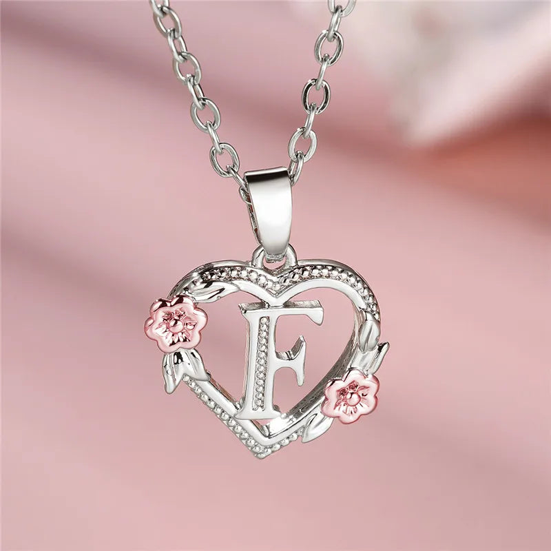 Cute Female A-Z Letter Flower Pendant Necklace Silver Color  Jewelry Gift For Women