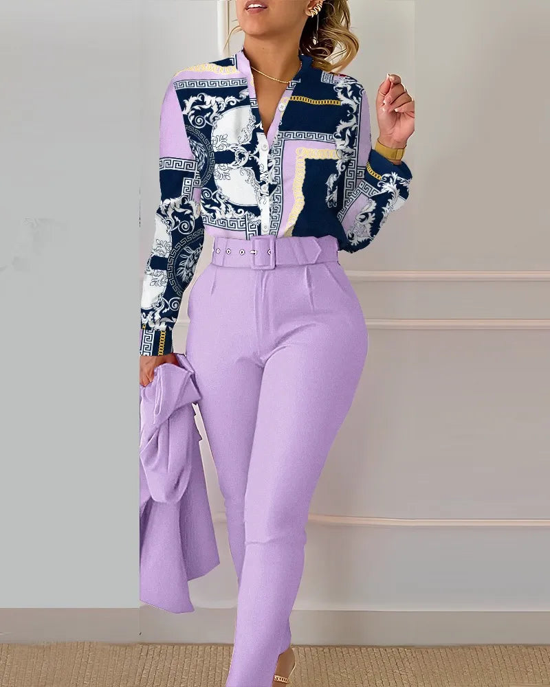 Stand Neck Floral Print Long Sleeve Shirt Pants Two Piece Sets Elegant Women Casual Shirt Trousers Suits With Belt
