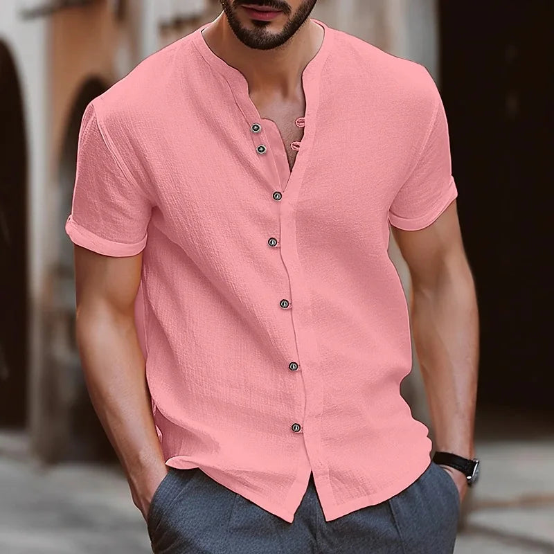 High quality fashion men's collarless short sleeve Polo shirt men's beach style casual collarless T-shirt garment top