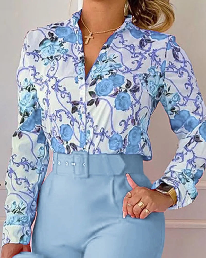 Stand Neck Floral Print Long Sleeve Shirt Pants Two Piece Sets Elegant Women Casual Shirt Trousers Suits With Belt