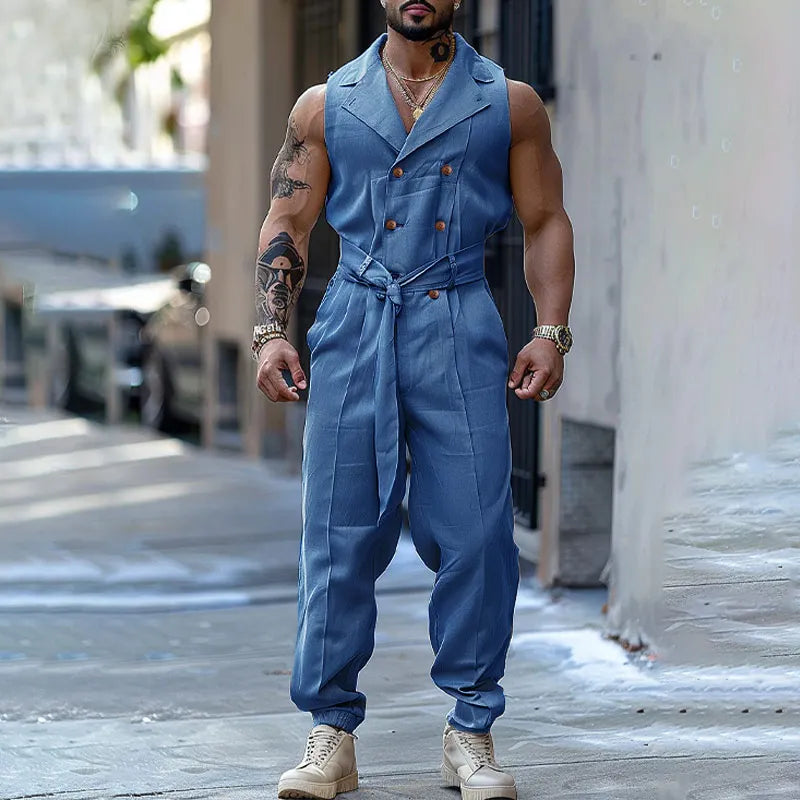 Men Jumpsuits Solid Color Double Breasted Lapel Sleeveless Lace Up Male Rompers Fashion Casual Overalls S-5XL