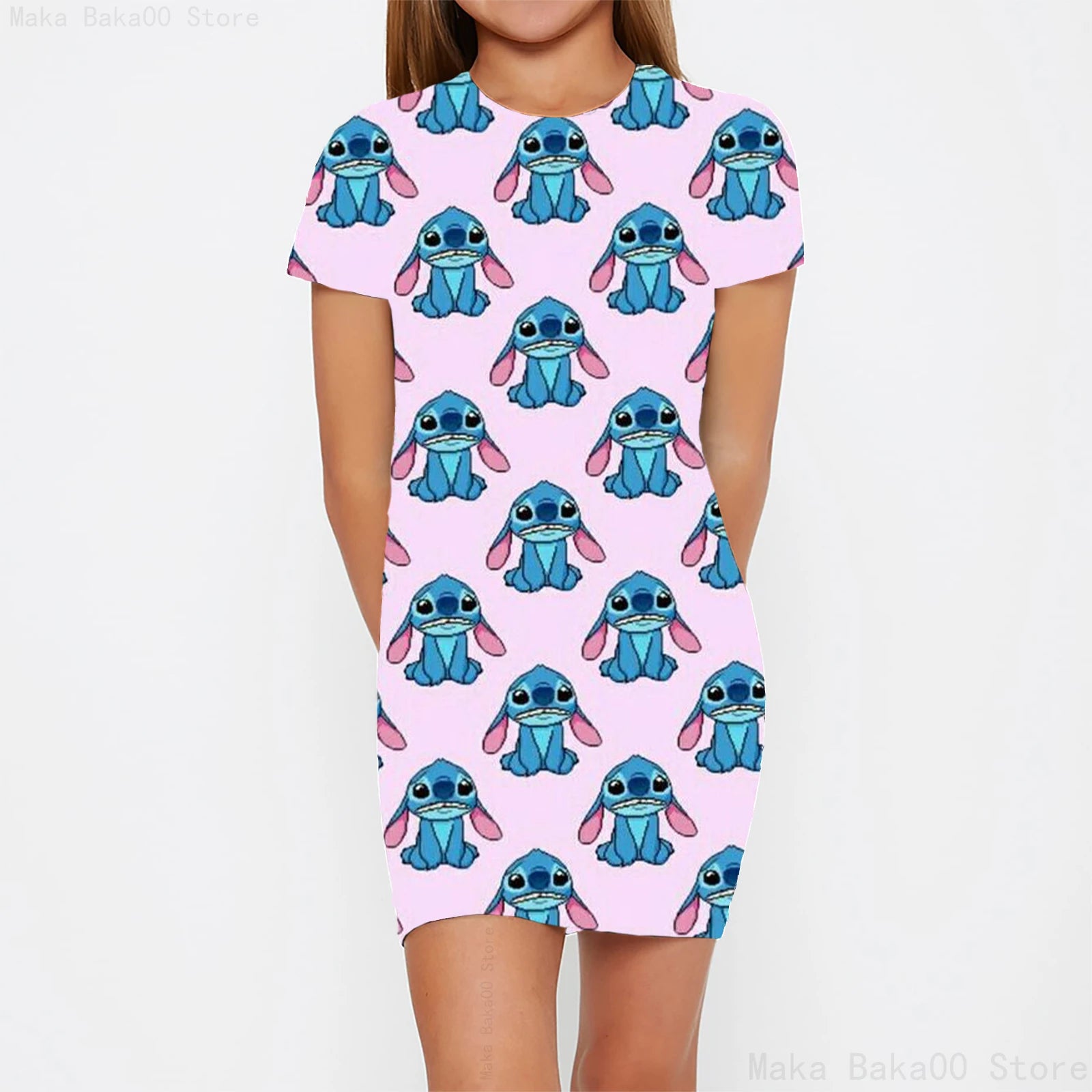 Stitch round neck short-sleeved skirt girls cartoon print tights clothes