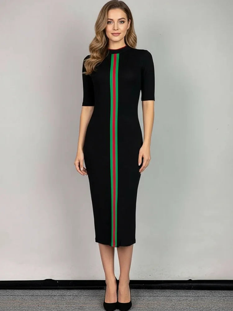 Contrast Color Striped Bodycon Dress Roun Neck Half Sleeves Slim Dresses
