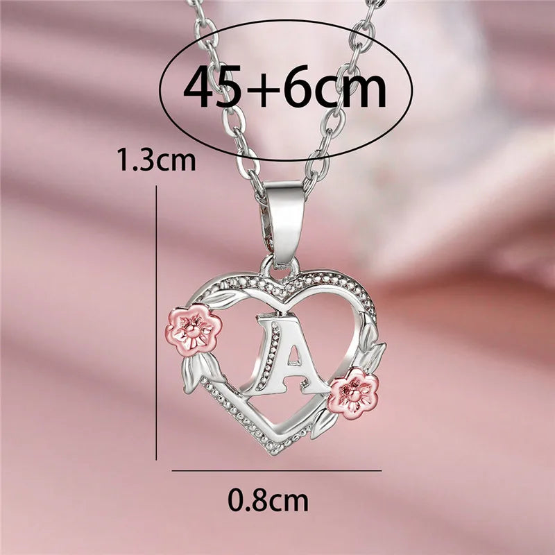 Cute Female A-Z Letter Flower Pendant Necklace Silver Color  Jewelry Gift For Women