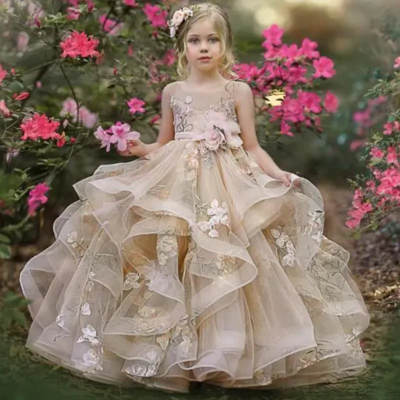 Flower Girl Dress Champagne Sleeveless Tiered Tulle Applique Fit Wedding Princess Dress Holy Communion Birthday Gowns
