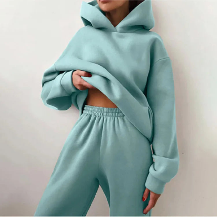 Women Tracksuit Set Solid Long Sleeve Sport Suits Autumn Winter Warm Hooded Sweatshirts And Jogger Pants  Two Piece Set